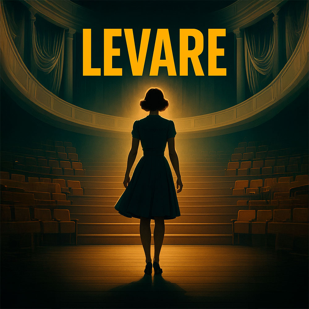 Cartell de l'obra o projecte "LEVARE". Presenta la silueta d'una dona en un vestit retro d'esquena, il·luminada per un focus intens dins d'un teatre clàssic i buit. El nom LEVARE apareix gran en color groc sobre l'escenari.